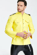 Yellow & Black Maritime Military-Collar 7-Stud Epaulette Chest-Pocket Latex Jacket