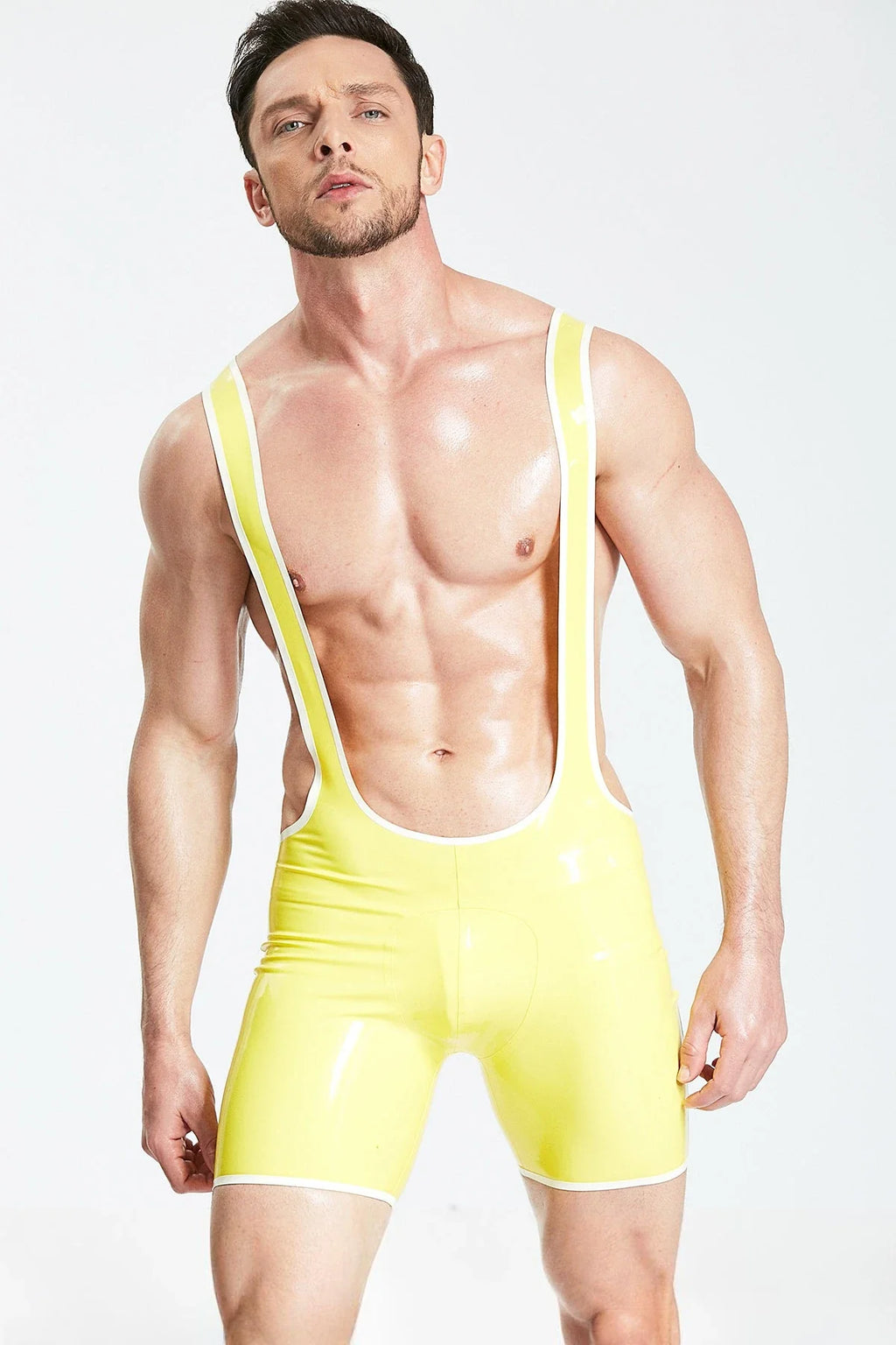 Yellow & White Suspender Zipperless Latex Bodysuit