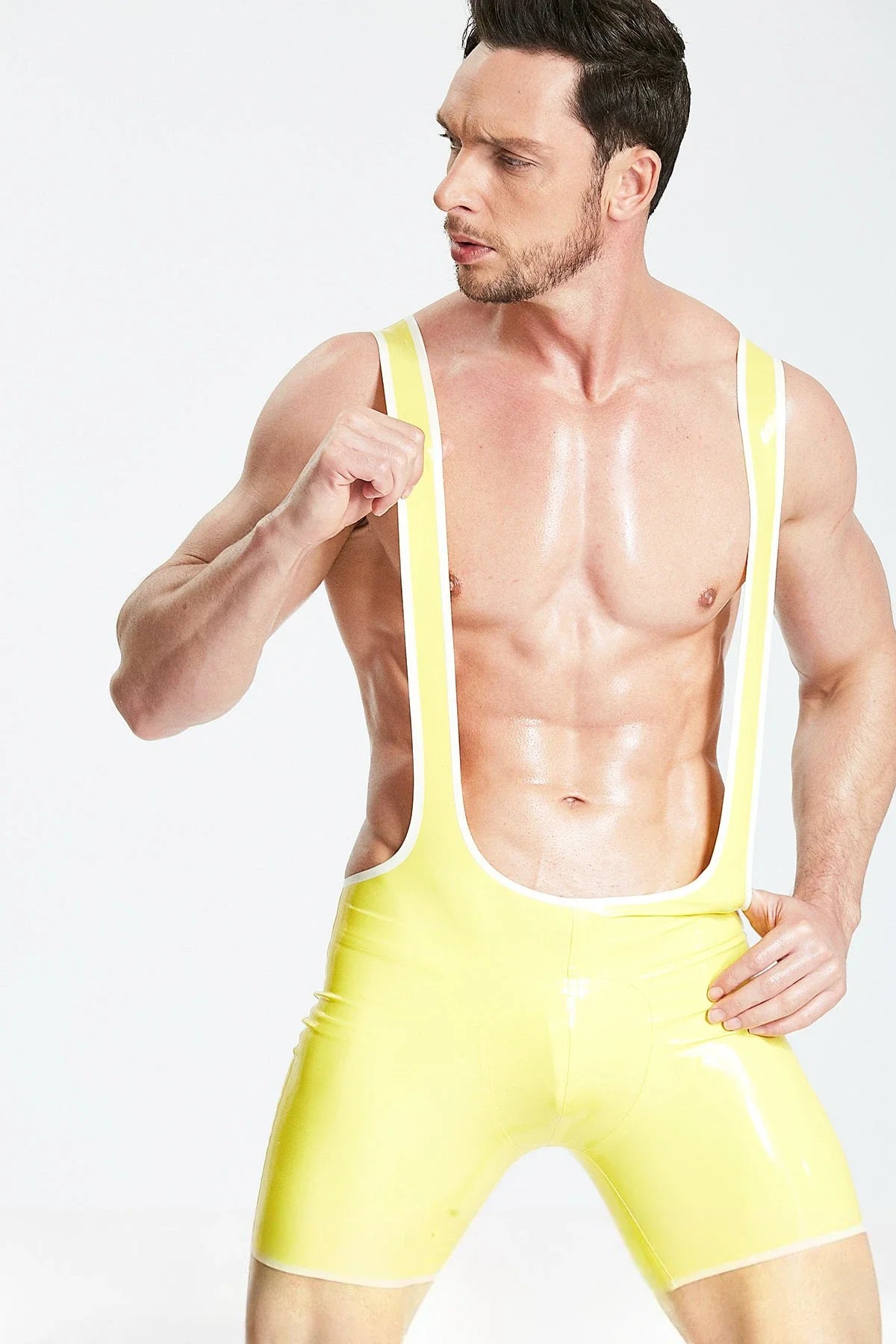 Yellow & White Suspender Zipperless Latex Bodysuit